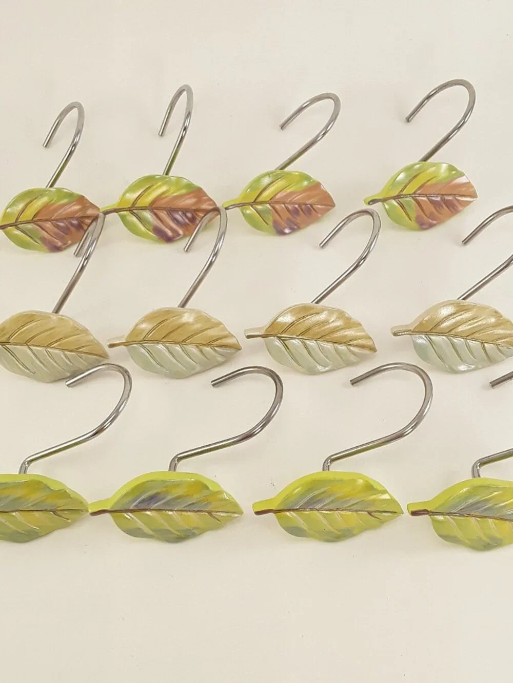 Set of 12 LEAF Shower Curtain Hooks, Nature Garden Theme green brown, metal hook